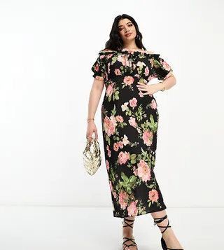ASOS DESIGN Curve milkmaid square neck midi dress with tie front neck in rose floral