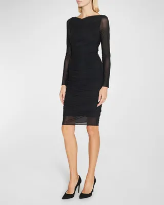Ruched Long-Sleeve Stretch Tulle Dress