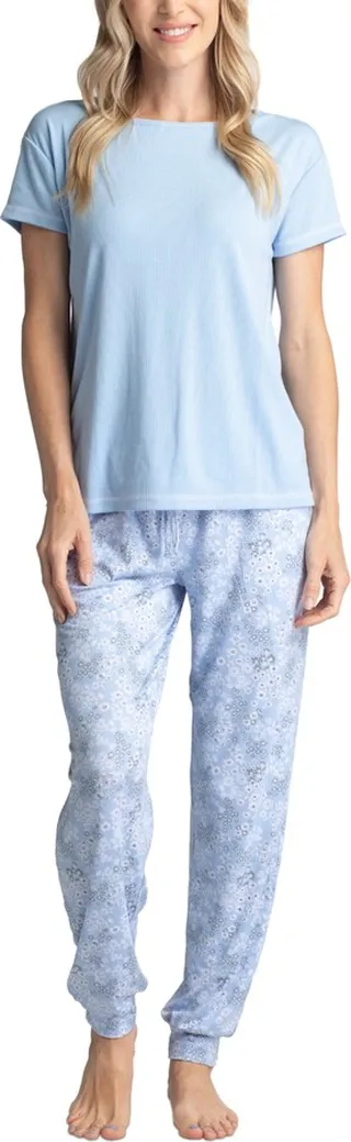 Muk Luks Women's Ribbed Crewneck & Printed Jogger Pajama Pants Set