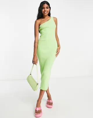 Monki one shoulder knit midi dress in bright green