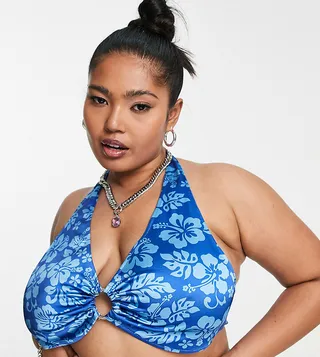 COLLUSION Plus Hawaiian print ring front halter top in blue - part of a set