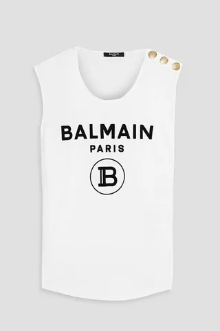 Button-embellished flocked cotton-jersey tank