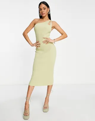 ASOS DESIGN knitted midi dress with asymmetric straps in khaki