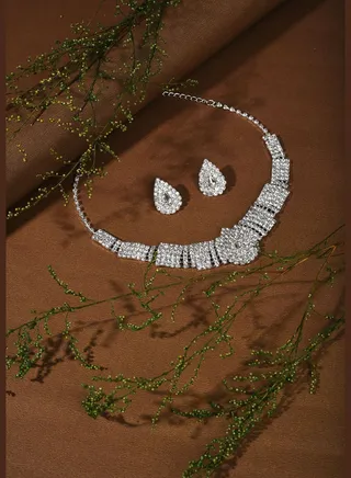 Silver Plated Designer Stone Necklace and Earring Set