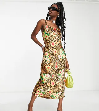 COLLUSION satin slip maxi dress in leopard floral print