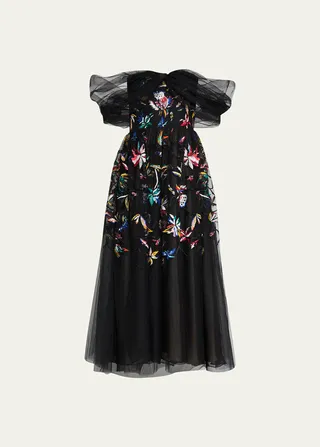 Tulle Off-Shoulder Cocktail Dress with Embroidered Floral Details