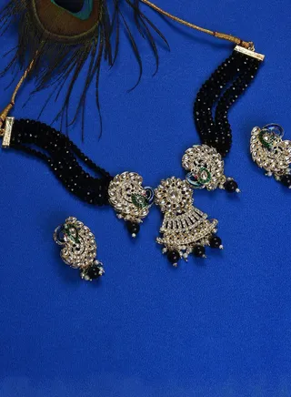 Silver Plated Designer Stone Beaded Necklace and Earrings Set