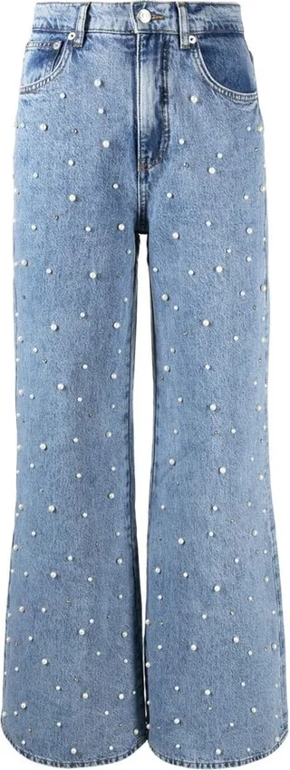 Faux Pearl-Embellished Wide-Leg Jeans