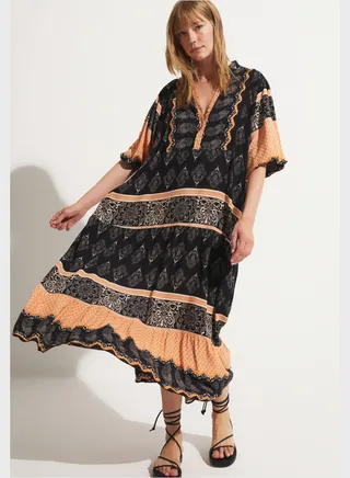 Balloon Sleeve V-Neck Button Detail Dress