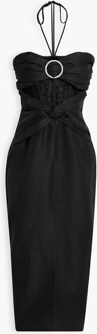 Lace-paneled embellished linen-blend halterneck midi dress