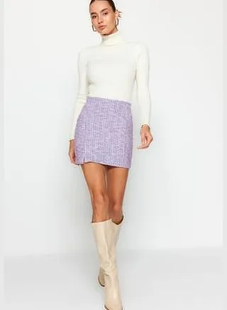 Purple Zipper and Slit Tweed Regular Waist Mini Knitted Mini Skirt TWOAW24ET00146