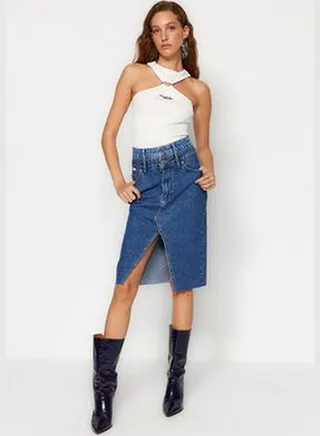 X Sagaza Studio Blue Double Belt Detail Denim Skirt TCLAW24ET00000