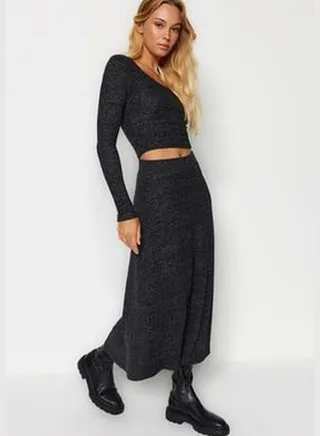Anthracite High Waist Flare Formal Soft Knitted Skirt TWOAW24ET00249