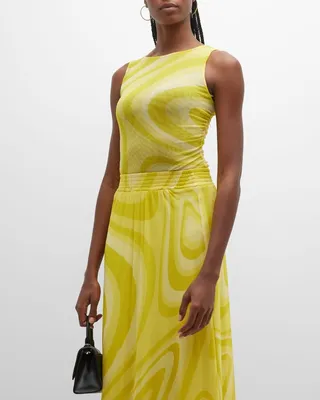 Ruched Swirl-Print Tulle Blouse