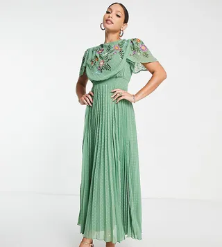 ASOS DESIGN Tall pleated textured cowl front embroidered midi dress in khaki