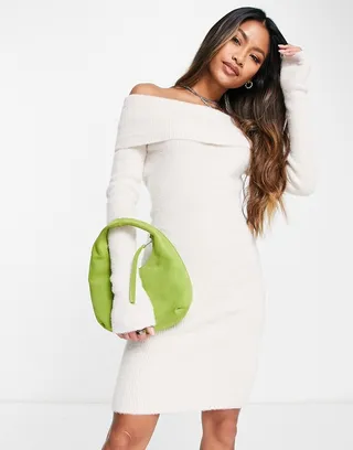 Bershka bardot knit mini dress in white