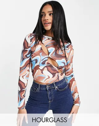 ASOS DESIGN Fuller Bust crop top with long sleeves with asym button up in marble
