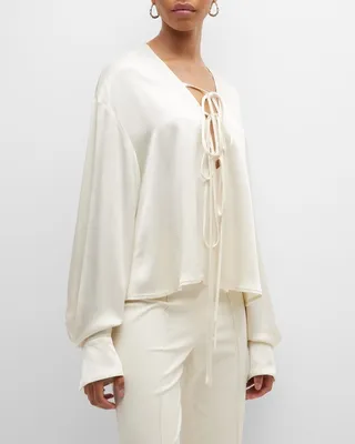 Plunging Tie-Front Satin Blouse