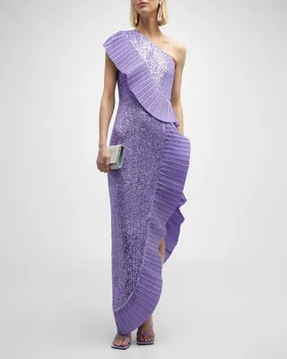 One-Shoulder Pleated Taffeta Sequin Gown