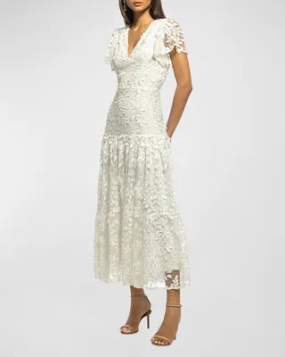 Embroidered Flutter-Sleeve Mesh Maxi Dress
