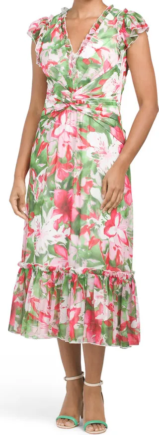 Flutter Sleeve V-neck Floral Midi Dress