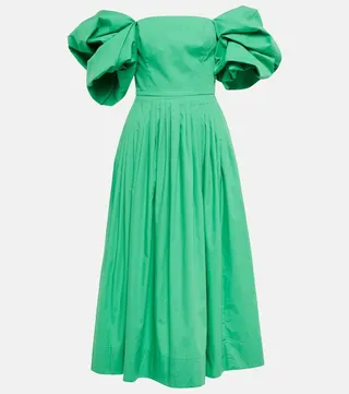 Off-shoulder pleated cotton gown