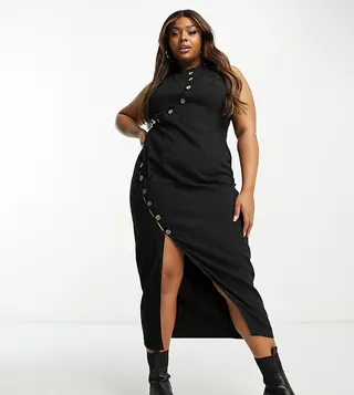 ASOS DESIGN curve asymmetric horn twill button maxi dress with split detail in black
