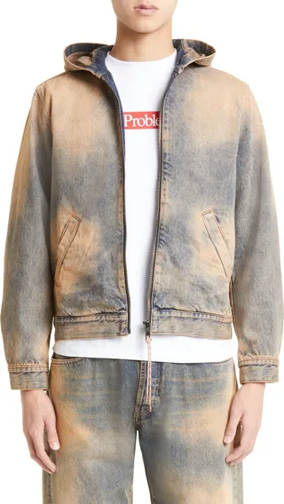 Logo Acid Wash Hooded Denim Jacket