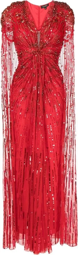 Sequin-Embellished Cape Gown