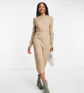 ASOS DESIGN Tall knit midi dress with tie waist in taupe