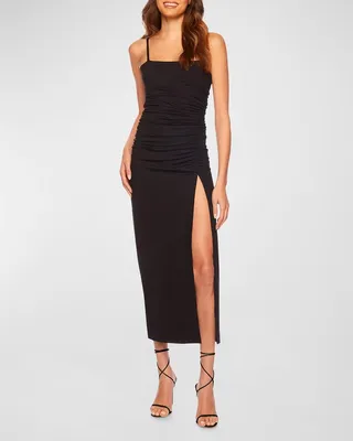 Thin-Strap Ruched Slit Midi Dress