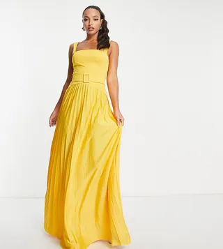 ASOS DESIGN Tall square neck dropped waist belted pleated maxi dress in marigold