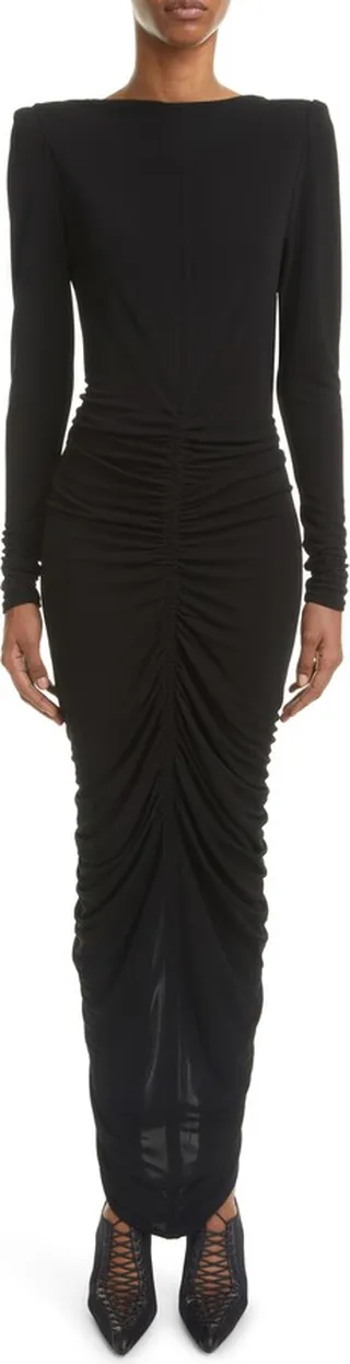 Ruched Long Sleeve Crepe Gown