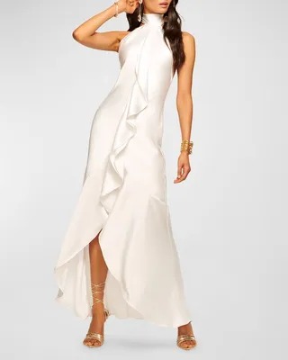 Tera High-Low Draped Satin Halter Gown