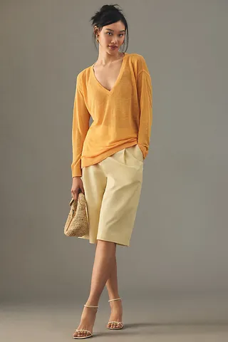 Maeve Sheer Oversized V-Neck Sweater Orange