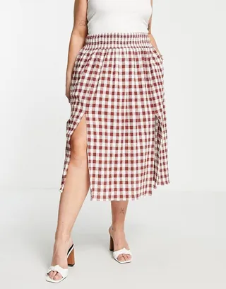 ASOS DESIGN textured brown & white gingham full midi skirt with pockets