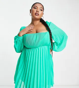 ASOS DESIGN Curve square neck pleated mini skater dress in emerald green