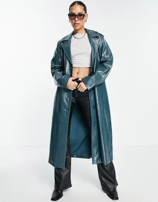 4th & Reckless patent leather look longline coat in petrol blue