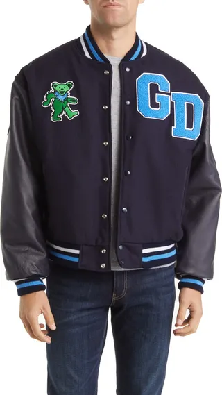 x Grateful Dead Water Resistant Wool & Leather Sleeve Varsity Bomber Jacket