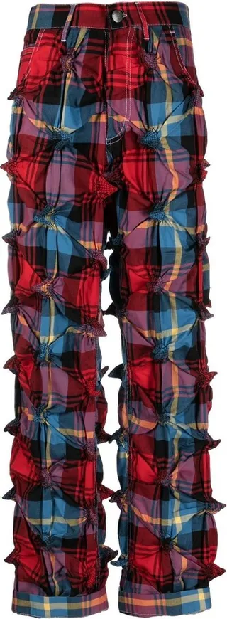 Quilted Tartan Straight-Leg Trousers