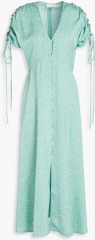 Ruched printed crepe midi dress