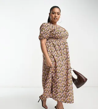 ASOS DESIGN Curve shirred waist midi tea dress with volume sleeve in ditsy print