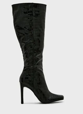 Black Croc Patent High Heel Point Toe Boot