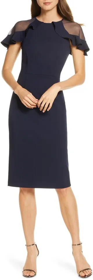 Sheer Ruffle Shoulder Cocktail Dress