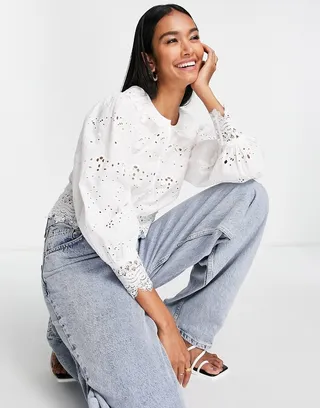 French Connection long sleeve blouse in delicate broderie