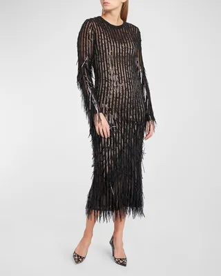 Embellished Semi-Sheer Ribbed Knit Midi Dress