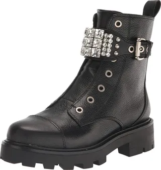 KARL LAGERFELD PARIS Women's Lug-Sole Maeva Combat Boot with A Crystal Detailed Fashion