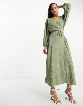ASOS DESIGN textured crinkle wrap midi dress with tie side in khaki