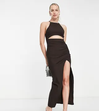 ASOS DESIGN Tall square neck structured midi dress with drape skirt in chocolate