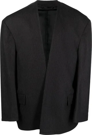 Collarless Pinstripe Wool Jacket